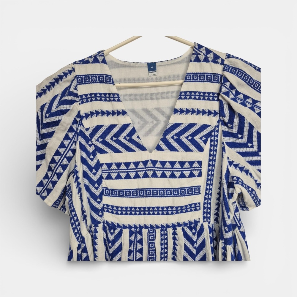 Old Navy XL Blue White Geometric Tribal V-Neck Flutter Sleeve Mini Dress Cotton - Picture 3 of 8